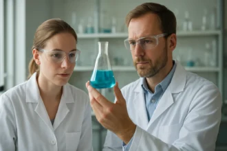 Két kémikus, akik hőbontás folyamatát tanulmányozzák laboratóriumban.