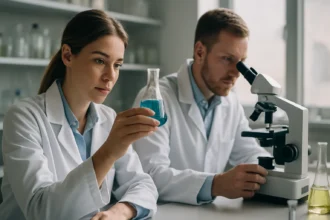 Kémikusok hőre keményedő műanyagokkal kísérleteznek laboratóriumban.
