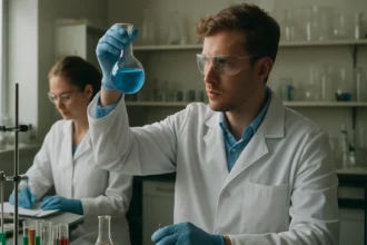 Laboratóriumi kísérlet közben HPLC analízissel foglalkozó tudósok.