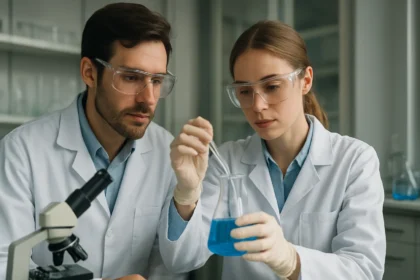 Két tudós laboratóriumban kémiai kísérletet végez