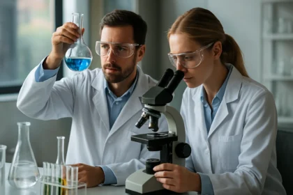 Két tudós kémiai kísérletet végez, egyikük kémcsőben lévő kék folyadékot figyel, a másik mikroszkóppal vizsgál.