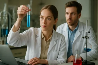 Két kémikus laboratóriumi vizsgálatot végez, hűtőkeverékekkel foglalkozva.