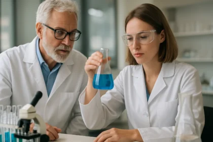 Két kutató nátrium-tioszulfát oldattal végzett kísérletet laboratóriumban.