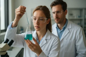 Laboratóriumi kísérlet hiokólsavval, kémikusok munkája.