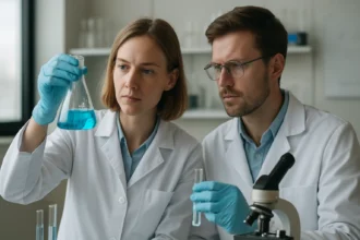 Két tudós laboratóriumban, kémiai kísérletet végeznek.