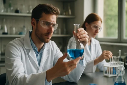 Kutatók a laboratóriumban imidocsoporttal végzett kísérlet során.