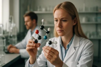 A női tudós egy kémiai molekula modelljét tanulmányozza a laborban.