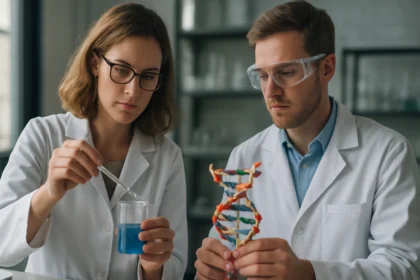 Két kutató laboratóriumban kémiai kísérletet végez