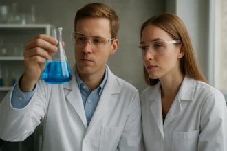 Két kutató laboratóriumban, kék oldattal teli lombikkal