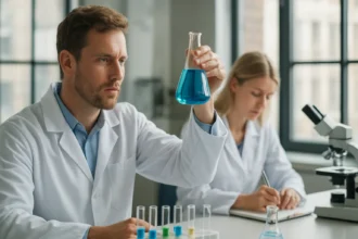 Kémikus laborban, kék folyadékot tartó lombik bemutatása