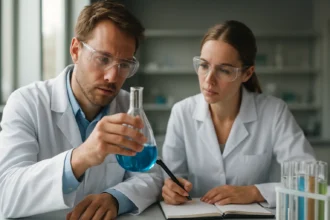 Két tudós laboratóriumban, kémcsővel és jegyzetfüzetekkel dolgoznak.