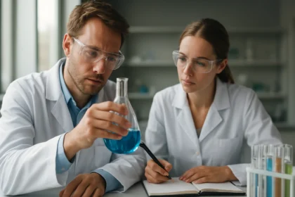 Két tudós laboratóriumban, kémcsővel és jegyzetfüzetekkel dolgoznak.