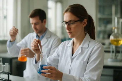 Két kutató laboratóriumban kémiai kísérleteket végez