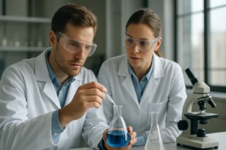 Két kutató dolgozik infravörös kemilumineszcencián laboratóriumban.