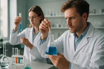 Kémikusok laboratóriumban kísérleteznek különböző anyagokkal.