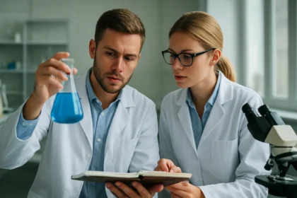 Két kémikus laboratóriumban a kék folyadékot nézi