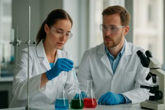 Két kutató laborban kémiai kísérleten dolgozik.