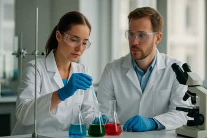 Két kutató laborban kémiai kísérleten dolgozik.