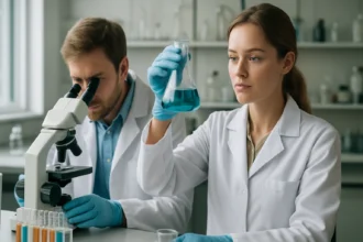 Két tudós kémiai kísérletet végez laboratóriumban, mikroszkóppal és kémcsövekkel.