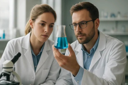 Két kémikus, akik egy kék folyadékkal teli mérőedényt vizsgálnak laboratóriumban.
