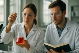 Kémiai kísérlet folyik, fiatal kutatók láthatók laboratóriumban.