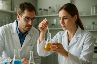 Két kémikus laboratóriumban ionasszociációs kísérletet végez