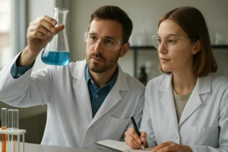 Két kutató laboratóriumban ioncserét vizsgálva kék oldattal.