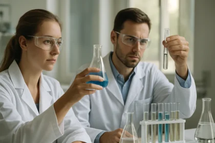 Kémikusok ioncserélő gyantákat vizsgálnak laboratóriumban.