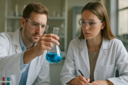 Két kutató laboratóriumban ioncserélő membránokkal dolgozik.