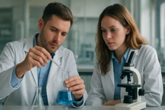 Két kutató laboratóriumi környezetben ioncserélő gyantákkal dolgozik.