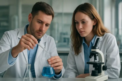 Két kutató laboratóriumi környezetben ioncserélő gyantákkal dolgozik.