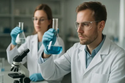 Két tudós laboratóriumban kémiai kísérleteket végez.
