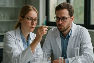 Két kémikus laboratóriumban halogén-hidridekkel foglalkozva.