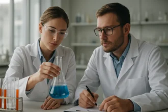 Két kutató laboratóriumban, kémiai kísérletet végeznek.