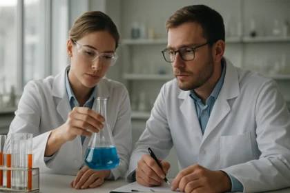 Két kutató laboratóriumban, kémiai kísérletet végeznek.