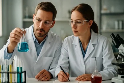 Két kutató ionos reakciókat vizsgál laboratóriumban