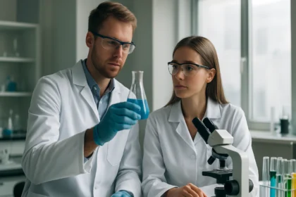 Kémikusok ionreakcióval foglalkoznak laboratóriumban