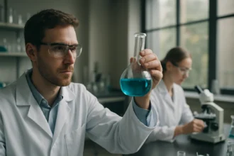 Kémikus kék oldatot vizsgál egy laboratóriumban.