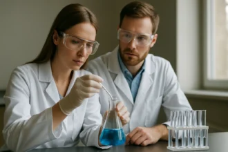 Két tudományos szakember laboratóriumban halogenid vegyületek kísérletét végzi.