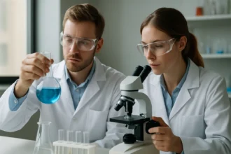 Laboratóriumi munkában részt vevő tudósok elemzik a kék folyadékot.