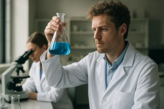 Kémikus laboratóriumban kék folyadékkal teli edényt tart.