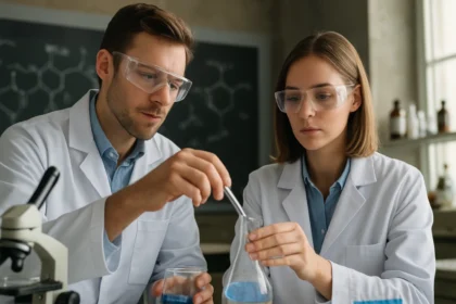 Két tudós laboratóriumban ittrium(III)-oxid kísérletet végez.