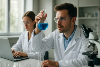 Kémikusok laboratóriumban, kék folyadékkal teli üvegburában.