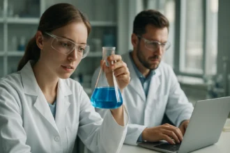 Laboratóriumi kutatás halogén-oxidokról, kémiai elemzés folyamatában.