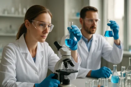 Két tudós laboratóriumban, kék oldatokkal és mikroszkóppal.