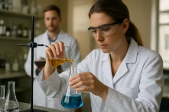 Laboratóriumi kísérlet folyamatban, izocianátokkal kapcsolatosan.