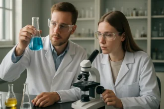 Két vegyész laboratóriumban izoftálsavval végzett kutatás során.