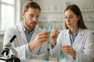 Két tudós laboratóriumban izokarbamiddal dolgozik