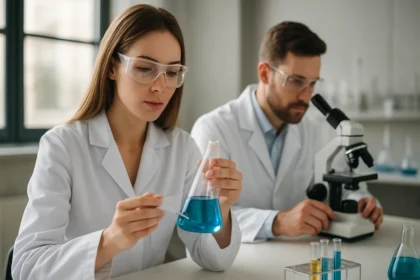 Kémikusok laboratóriumban, izokinolin kutatás közben