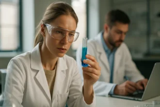 Kémikusok laboratóriumban, az izolált gyűrűk vizsgálata